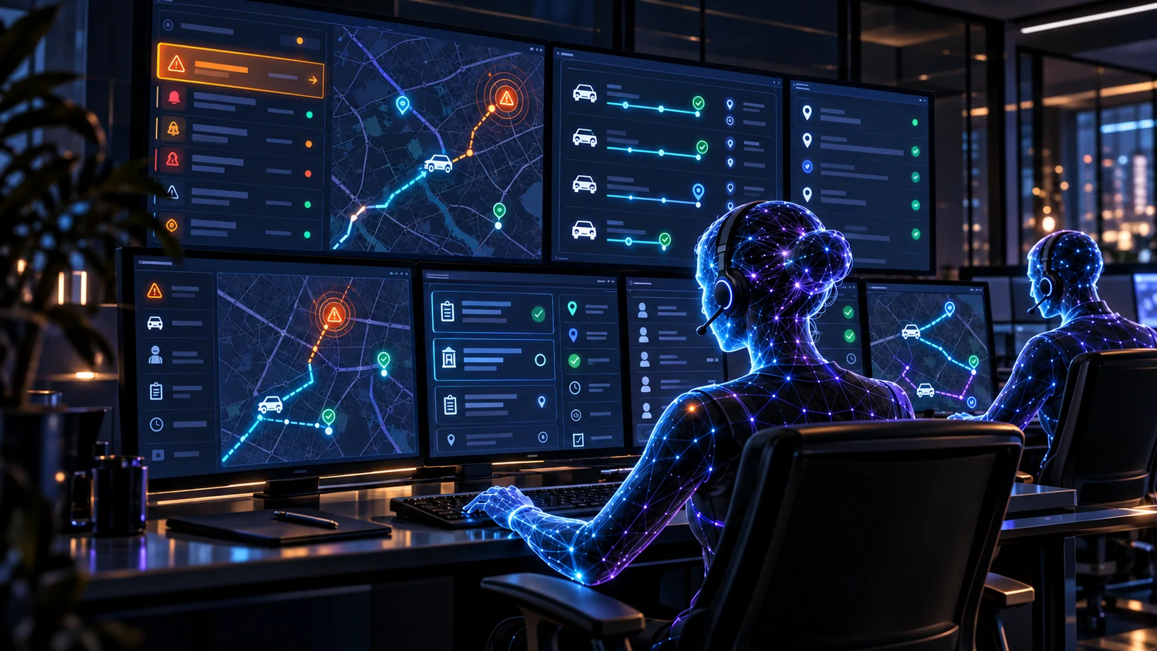 AI operator at dispatch consoles with an alarm queue and patrol map